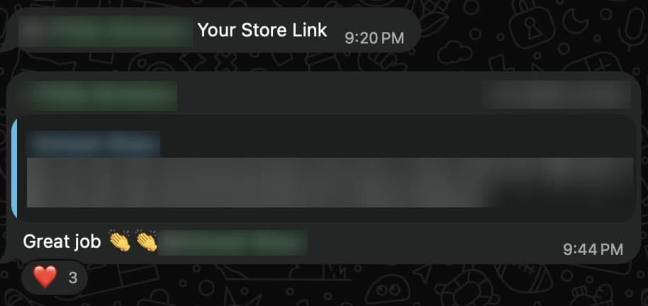 WhatsApp handover: the store link sent to the client, and his reply: Great job