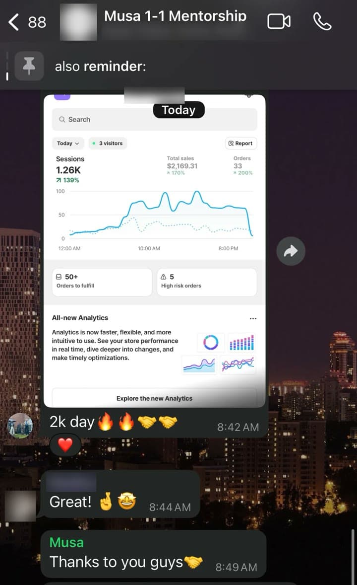 Group chat: a Shopify dashboard with $2,169.31 in sales from 33 orders today, captioned 2k day, and Musa replying: Thanks to you guys