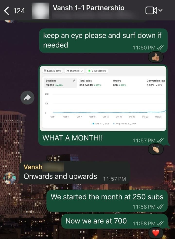 Group chat: a Shopify dashboard with $53,047.49 in sales and 838 orders in the last 30 days, and Vansh replying: Onwards and upwards
